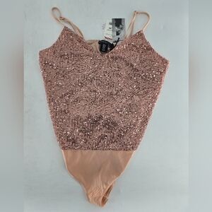 Sincerely Jules Asymmetrical Sequin Bodysuit in Gold and‎ Pink